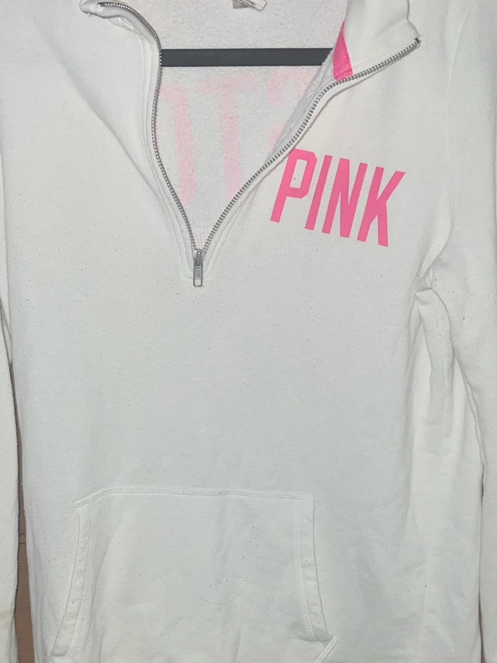 PINK Victoria's Secret White Half-Zip Hoodie with Pink Logo